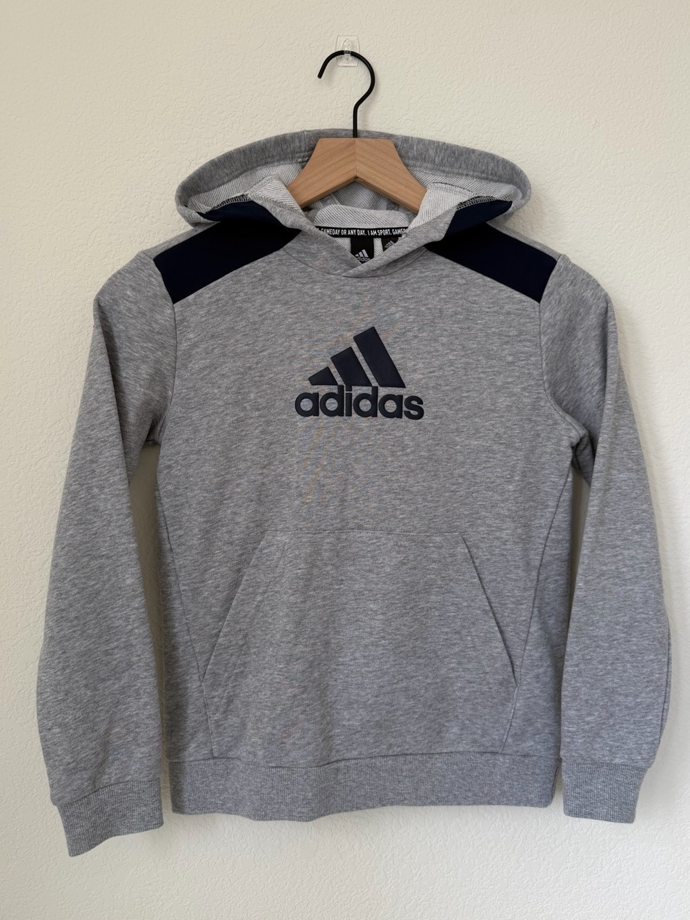 Adidas Heather Gray Hoodie with Black Accents, Kids, US Small.